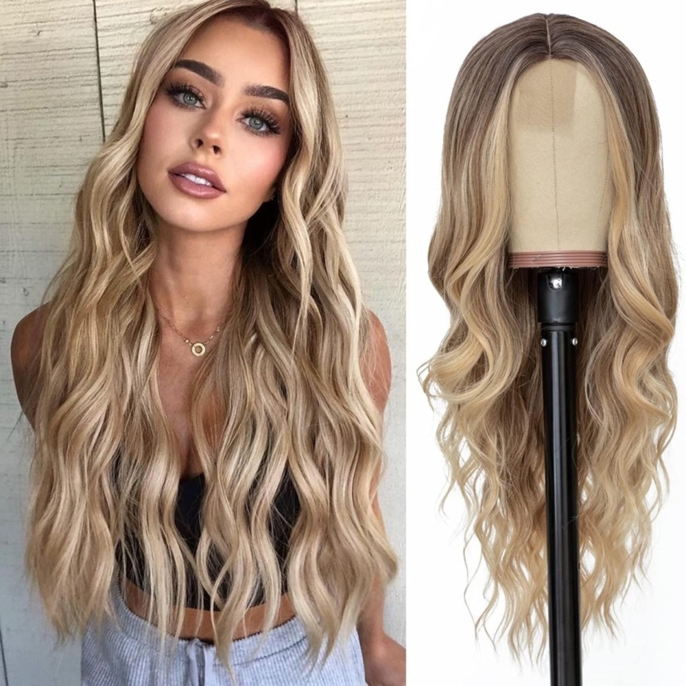 26 Inch Long Curly Middle Part Heat Resistant Fiber Wig for Women